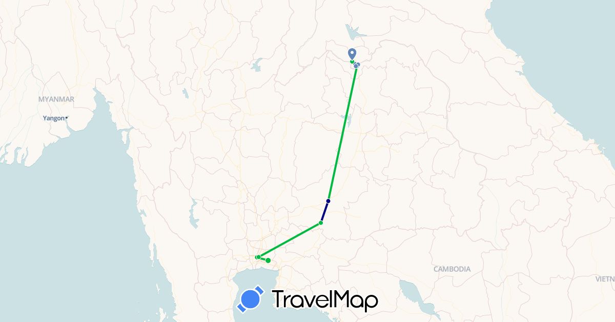 TravelMap itinerary: driving, bus, plane, cycling in Laos, Thailand (Asia)